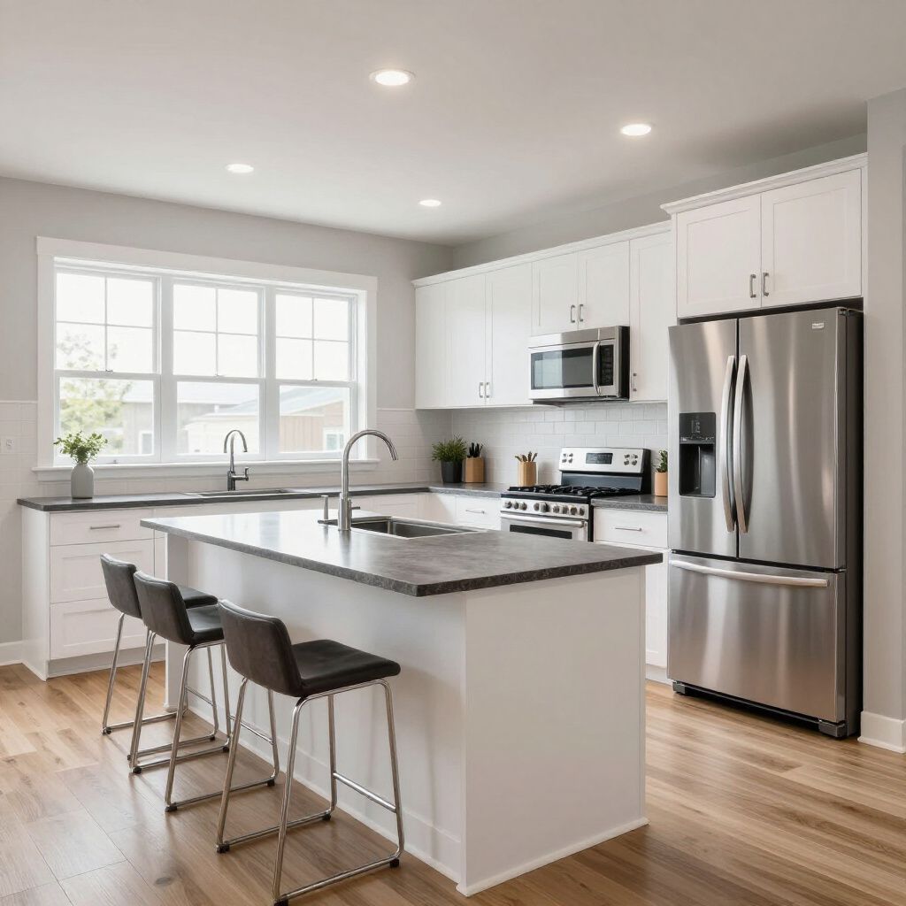 Modern white kitchen with stainless steel appliances, island, and bar stools.