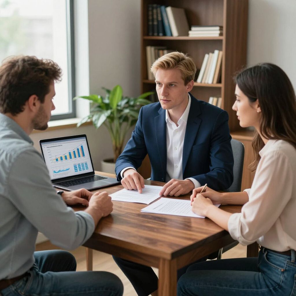 Financial advisor with couple reviewing documents at a table. Laptop with chart visible.