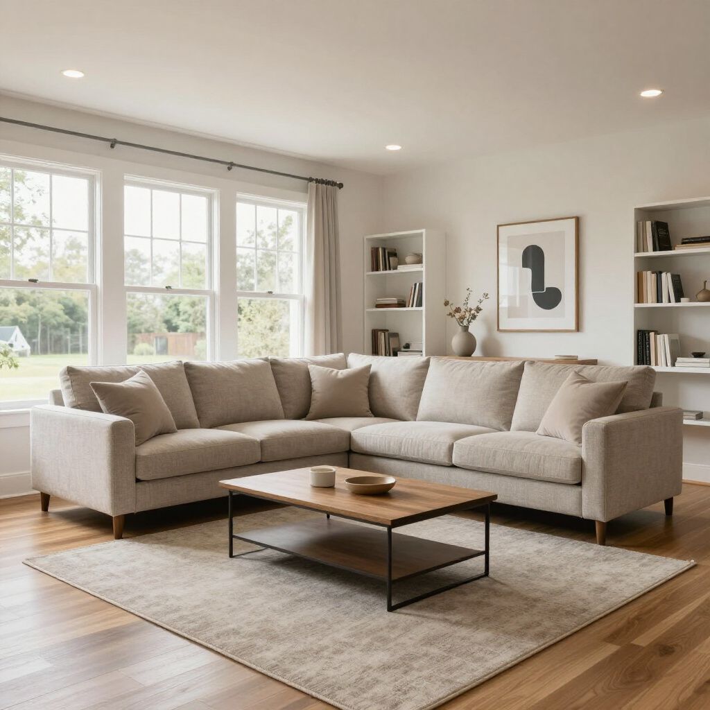 Beige sectional sofa in a bright living room, with a coffee table, rug, and bookshelf.