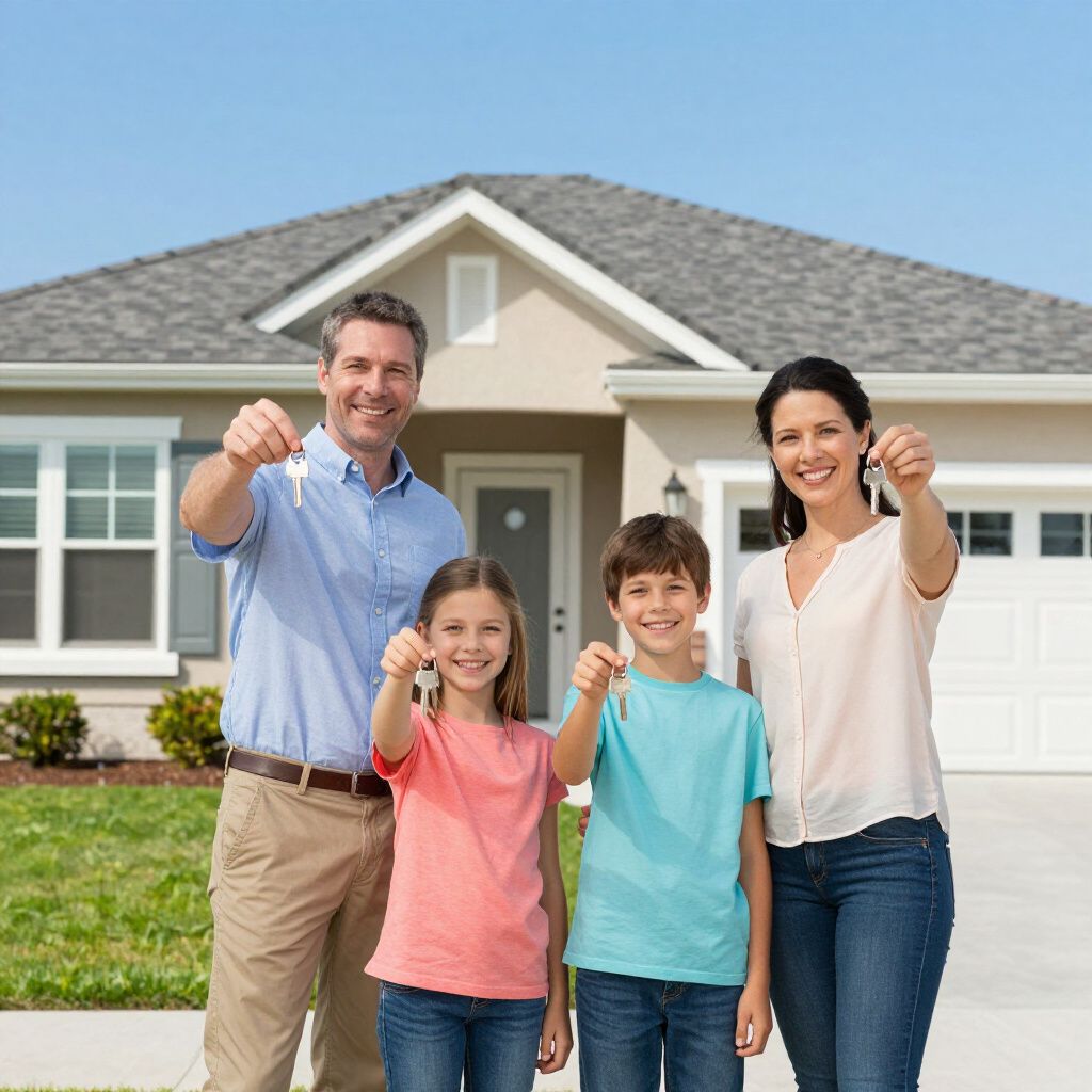 Family holding keys in front of their new house; sunny day, blue sky.
