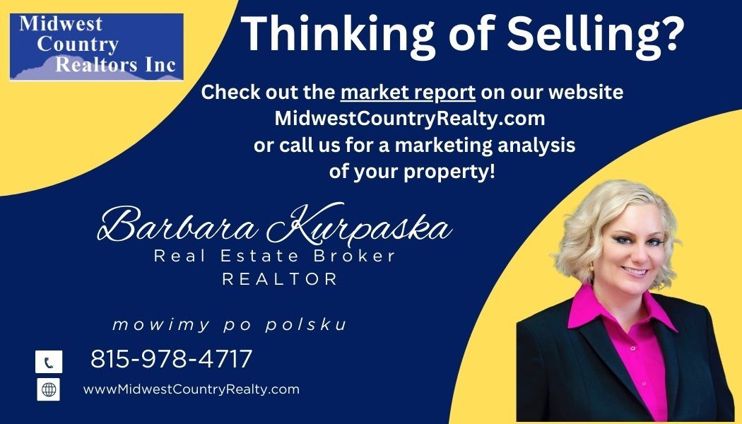 Real estate ad: Blue/yellow design, realtor Barbara Kurpaska, headshot, contact info, and website for home selling.