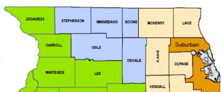 Map of Illinois counties, color-coded by region, showing a suburban area near Chicago.