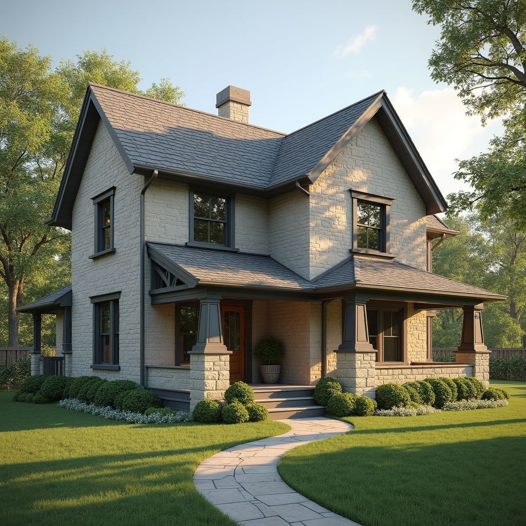 Two-story brick house with a porch, surrounded by a green lawn and trees, under a sunny sky.