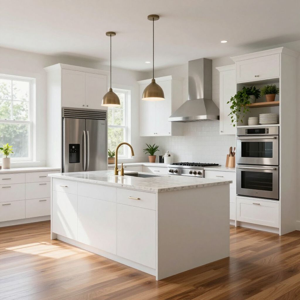 White modern kitchen with island, stainless steel appliances, and wood floor.