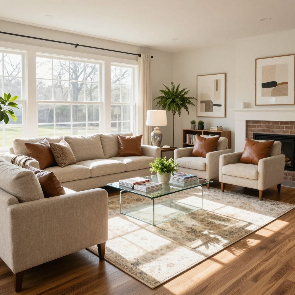 Living room with beige furniture, a rug, large windows, and a fireplace.