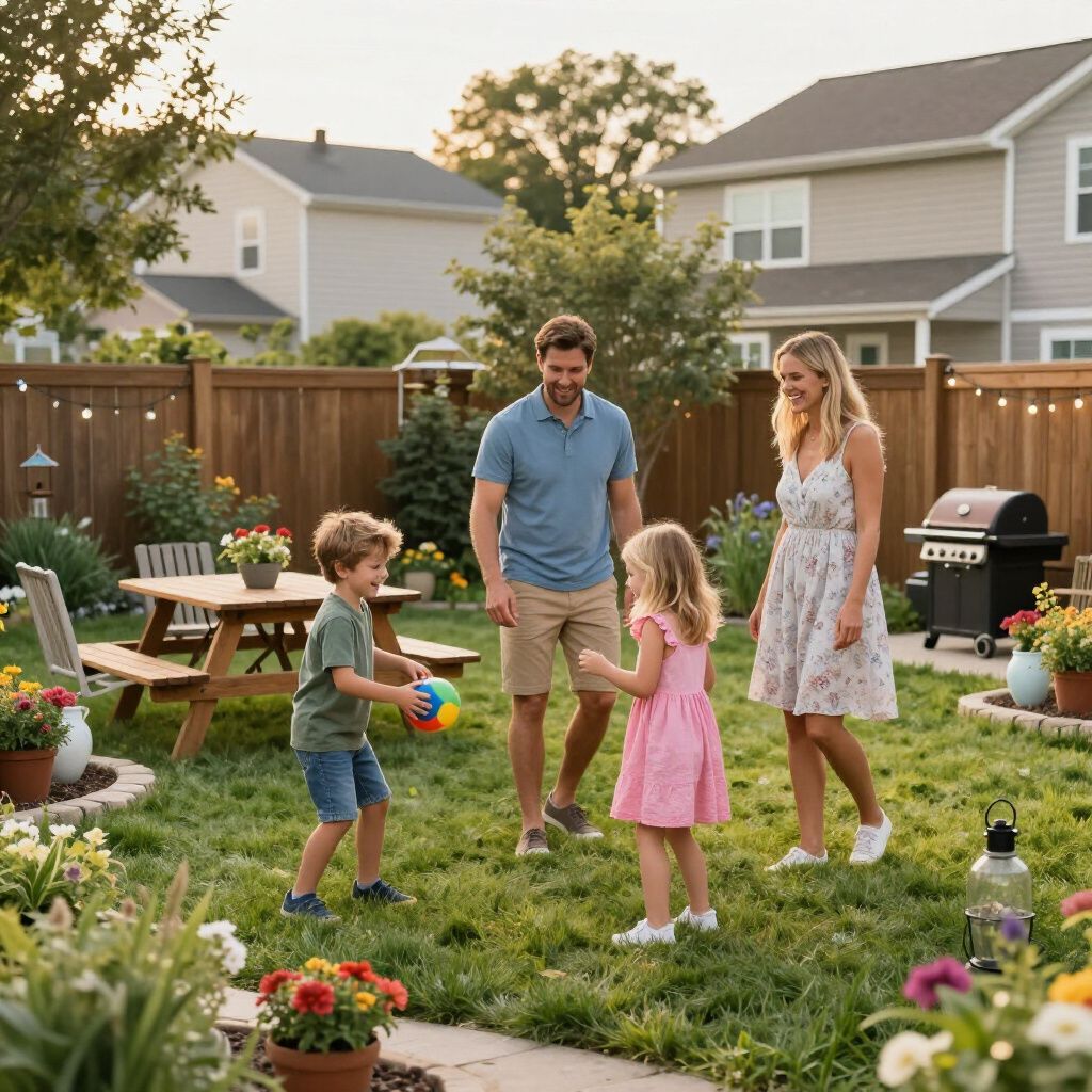 Family playing ball in a sunny backyard with a picnic table, grill, and flowers.