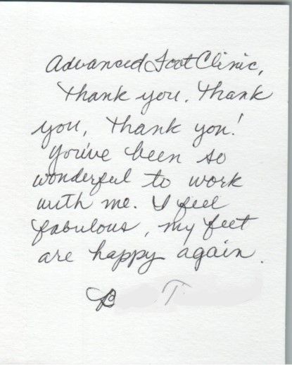 Handwritten thank-you note to Advanced Foot Clinic, expressing gratitude and happiness with the services.
