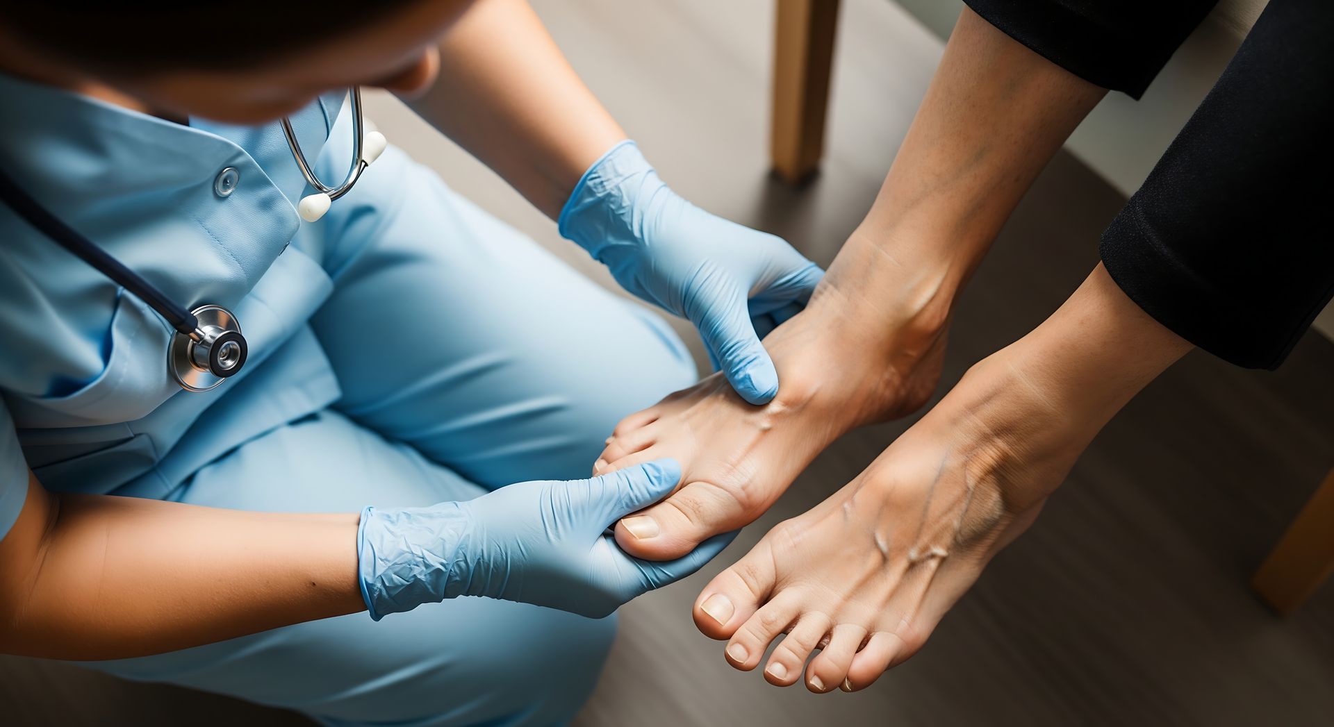 Podiatrist examining a patient's foot, focusing on the toes and arch for potential issues. Podiatrist examining a patient's foot, focusing on the toes and arch for potential issues.