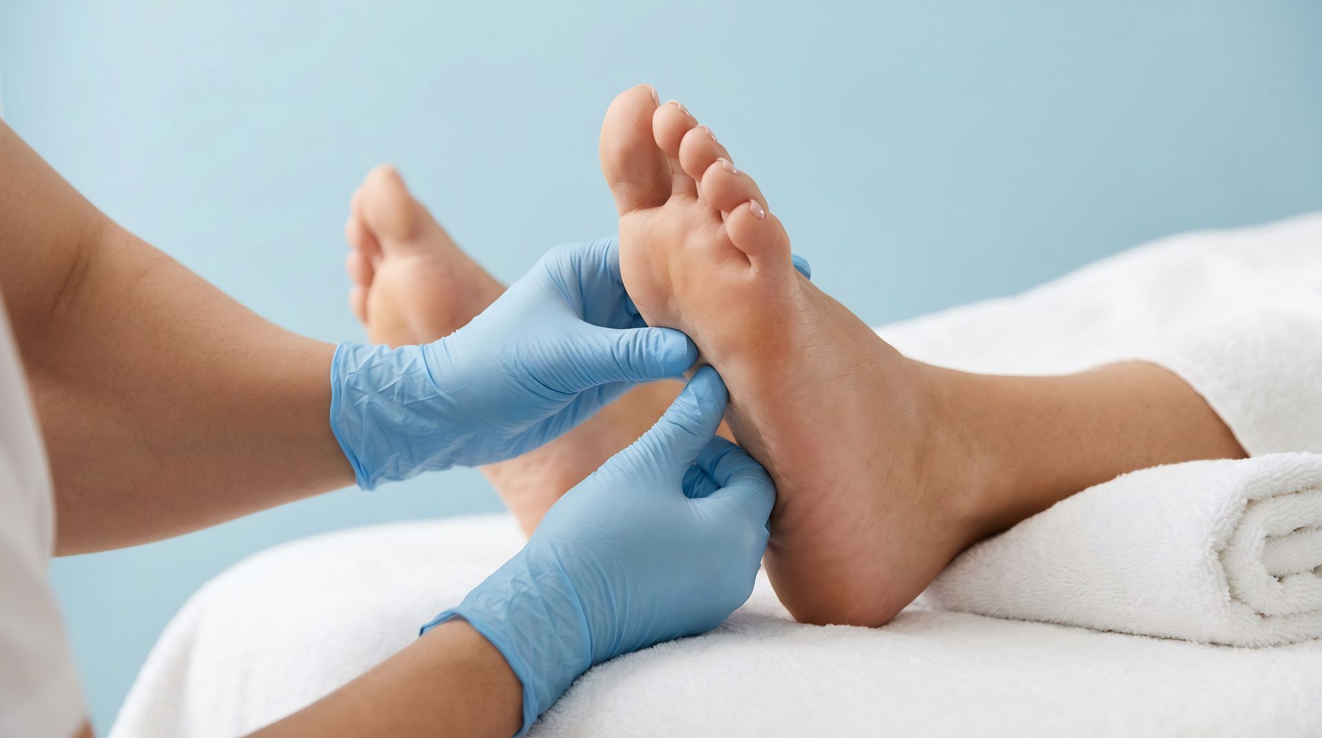 Professional podiatrist in blue gloves performing therapeutic foot massage and reflexology treatment
