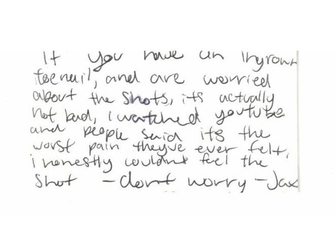 Handwritten note about a toenail, reassuring someone about shots.