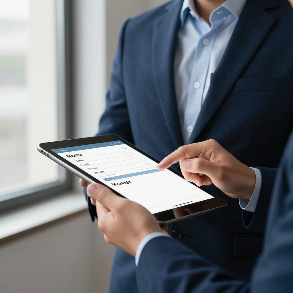 Person in a navy suit using a tablet near a window, tapping a document screen