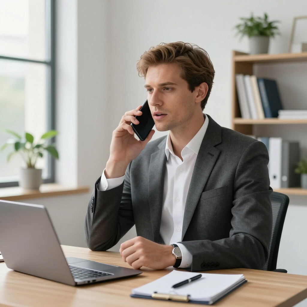 Man in a gray suit talking on a smartphone at a desk with a laptop in a bright office