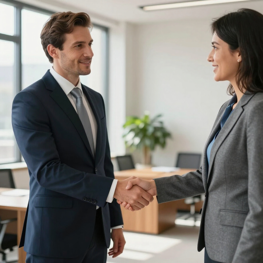 Two professionals in suits shaking hands in a bright office