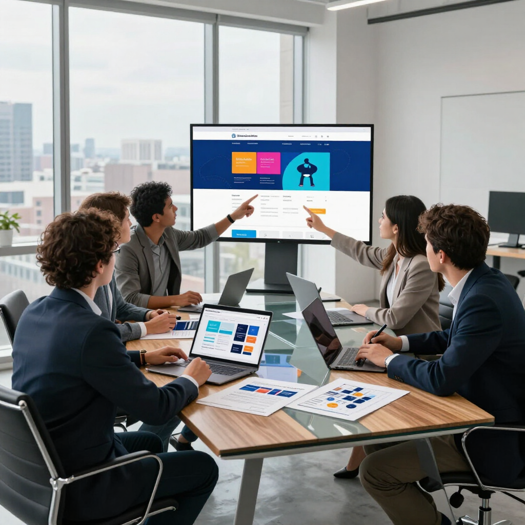 Team meeting around a conference table discussing a presentation on a large monitor in a bright office