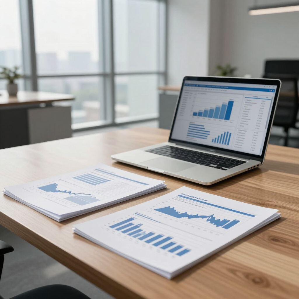 Laptop and printed reports with blue charts on a wooden table in a bright office