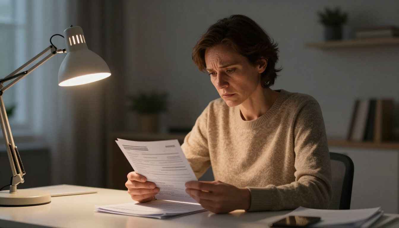 Person stressed over medical bills at home at night