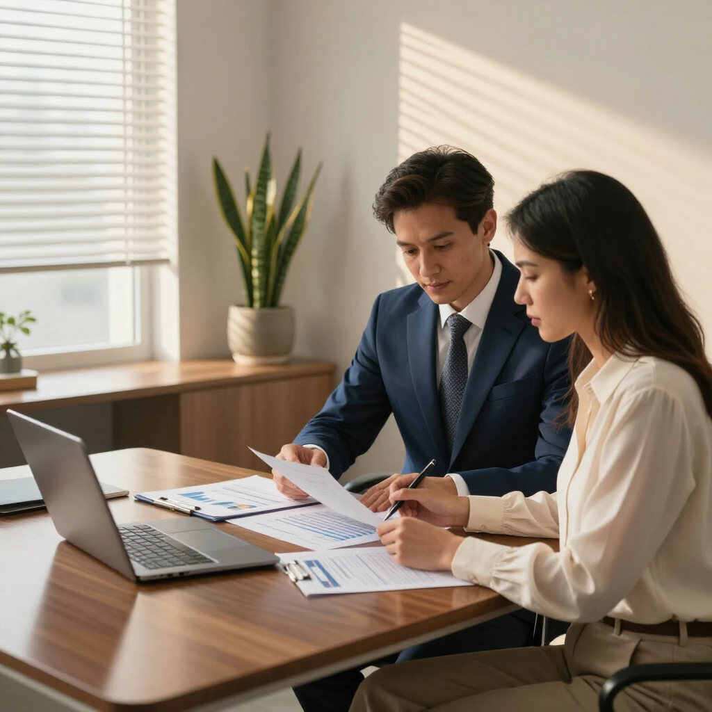 Two colleagues reviewing documents at a desk with a laptop in a bright office