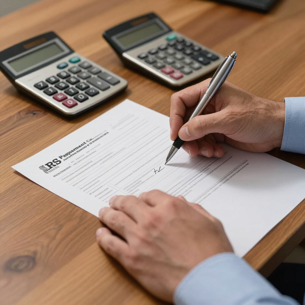 Hands filling out a form at a desk with two calculators nearby