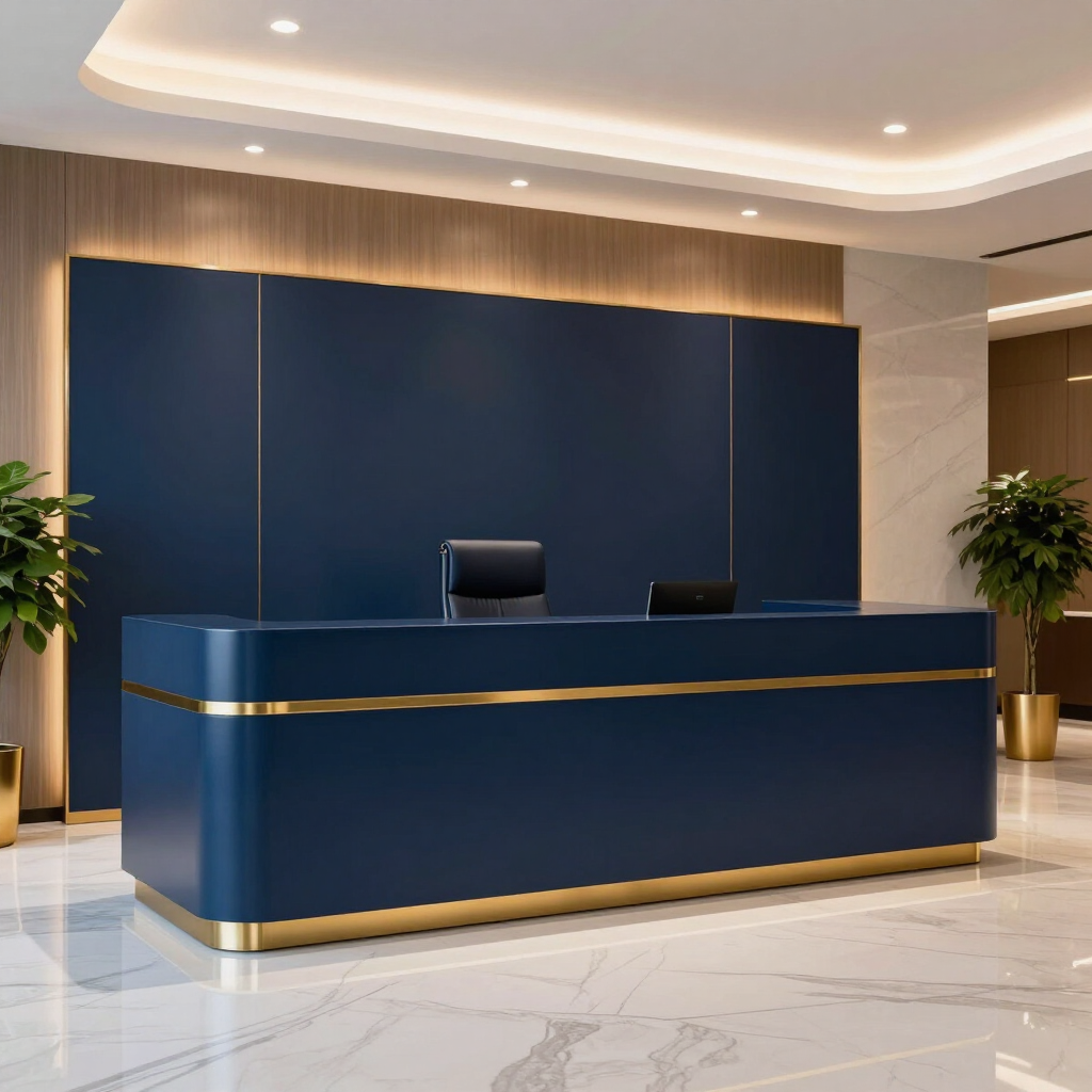 Modern hotel reception desk in navy and gold in a bright, marble-floored lobby