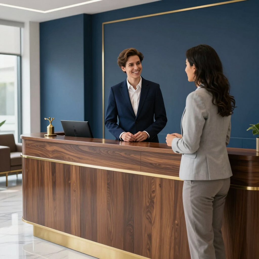Two people talking at a hotel reception desk with a navy wall and wood counter
