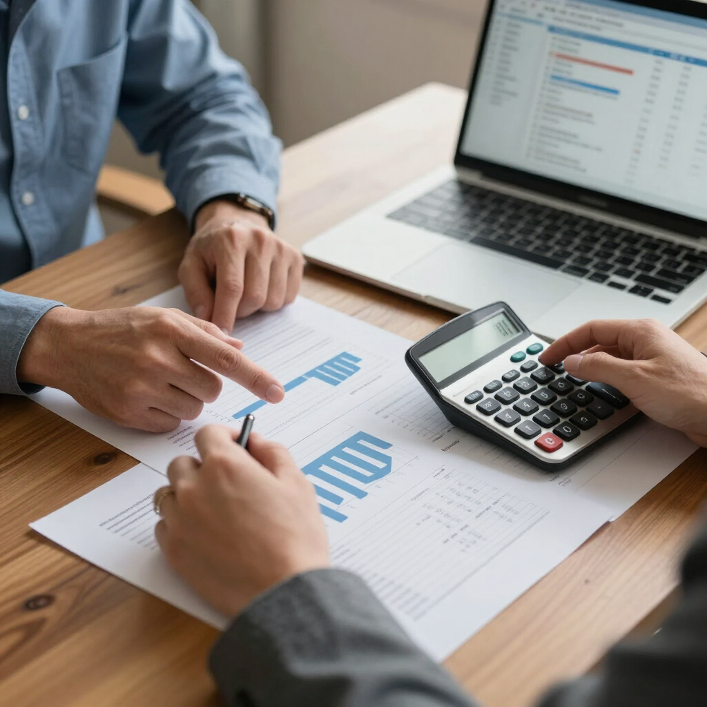 Three people review charts and use a calculator at a desk beside a laptop.