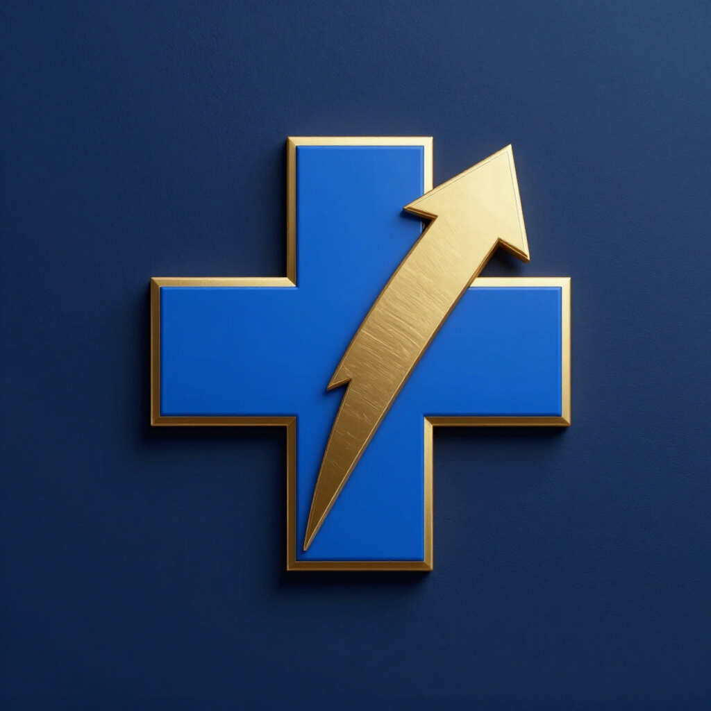 Blue medical cross with a gold lightning bolt on a dark blue background