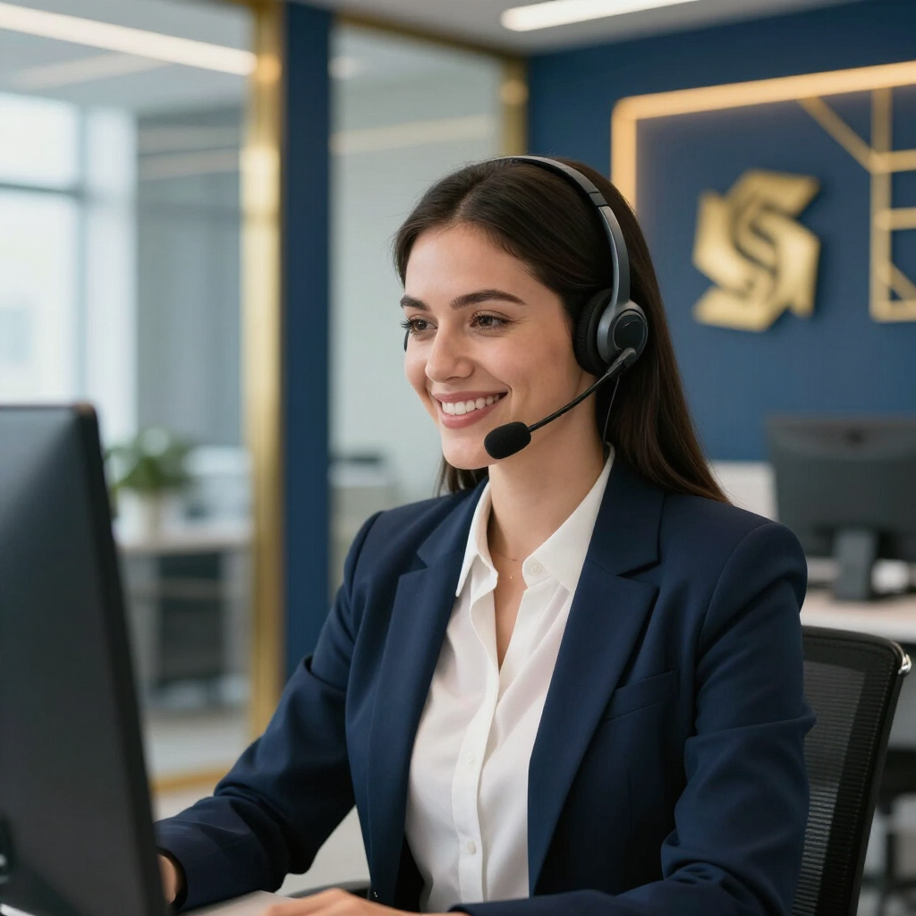 Customer service agent wearing a headset, smiling at a desk in a modern office