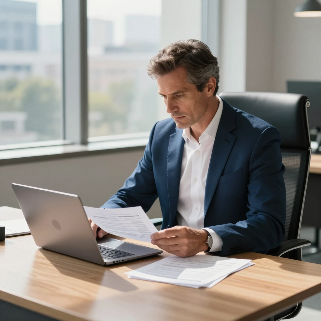 Man in a blue suit reviewing papers at a desk with a laptop in a bright office