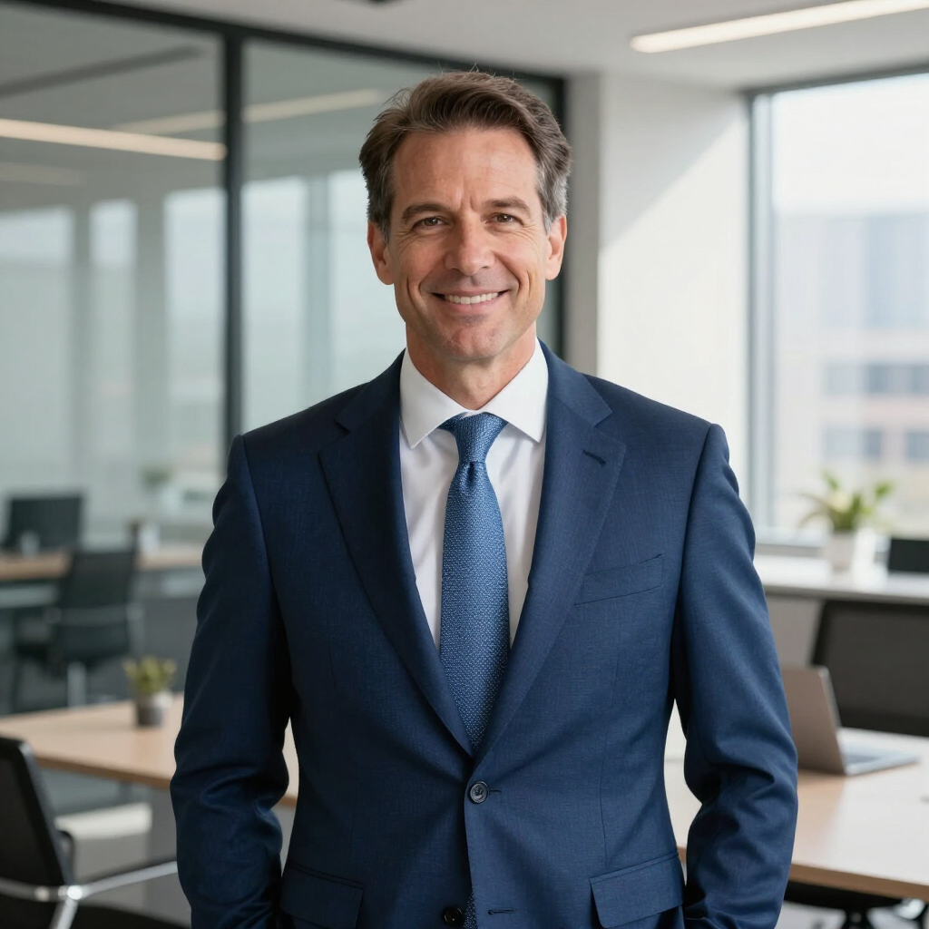 Smiling man in a blue suit standing in a modern office