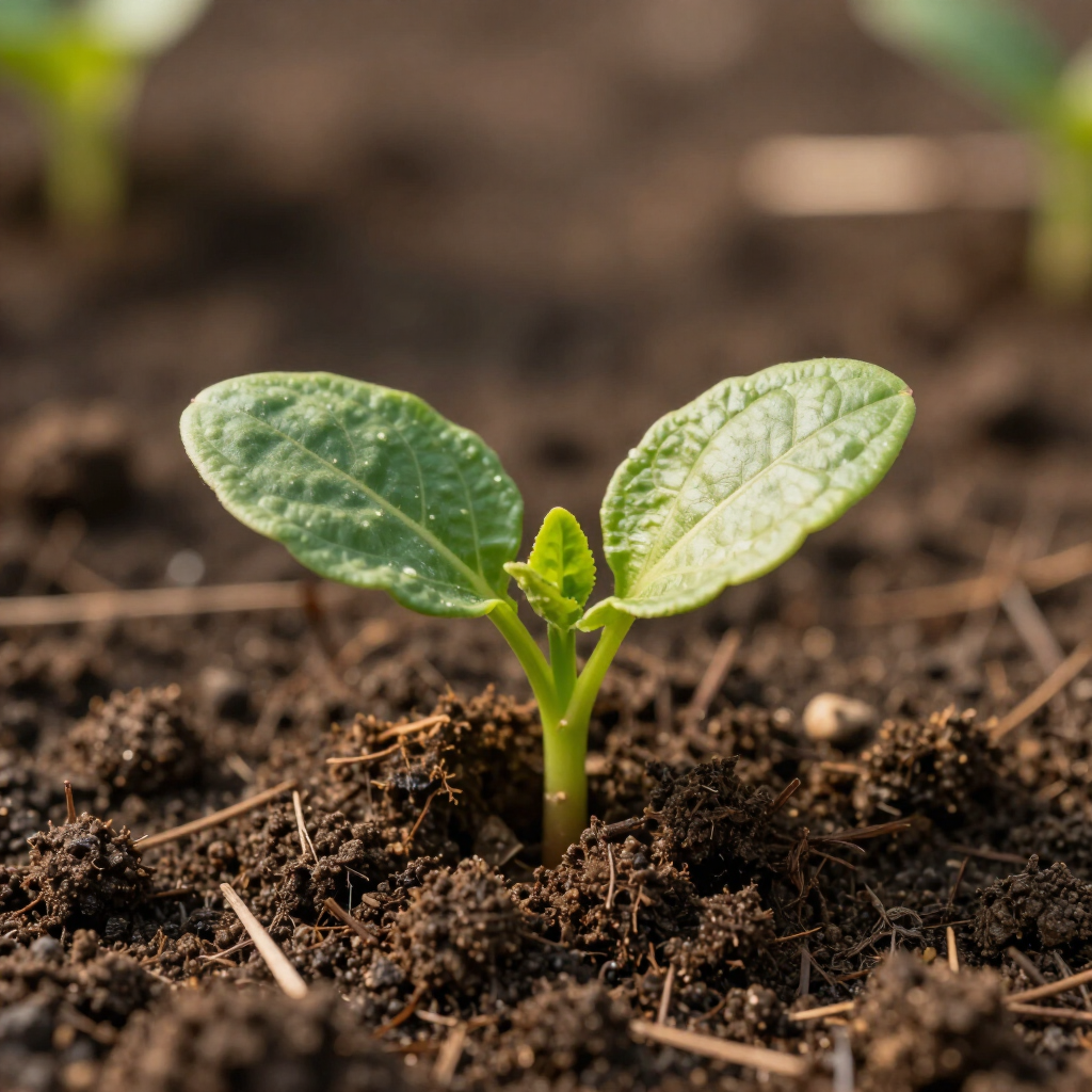 A small green seedling with two cotyledons emerging from dark, rich soil.
