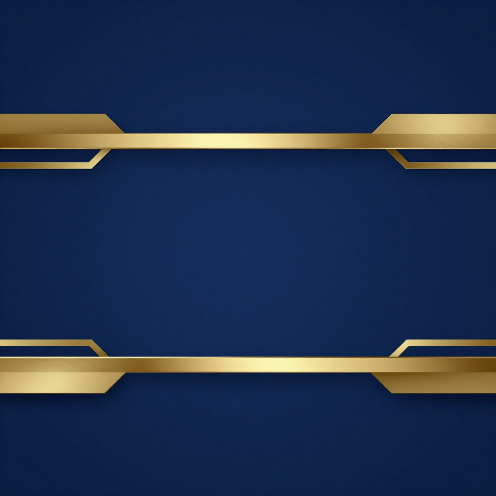 Blue background with gold horizontal banner accents at the top and bottom