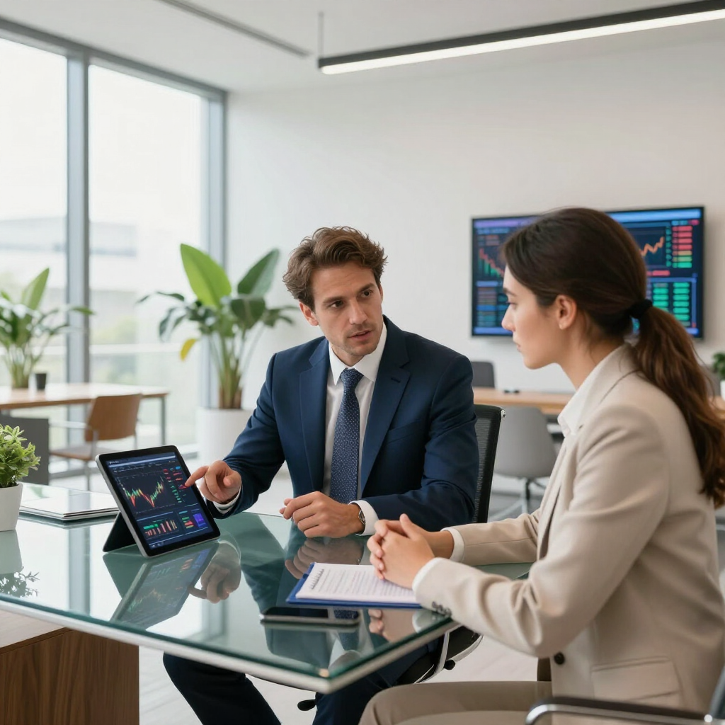 Two professionals discuss financial charts at a glass table in a bright office