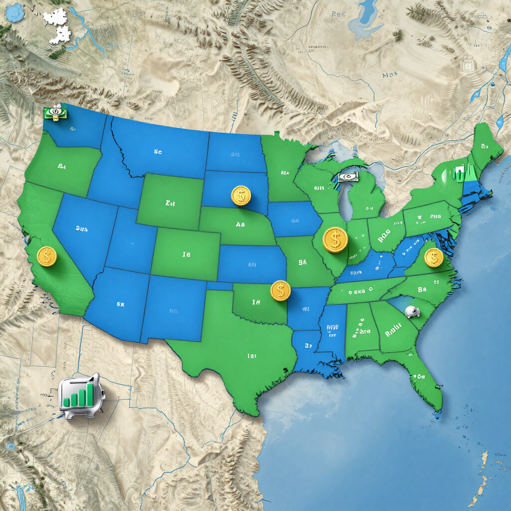 Colorful U.S. map with blue and green states and a few weather-style icons across the country