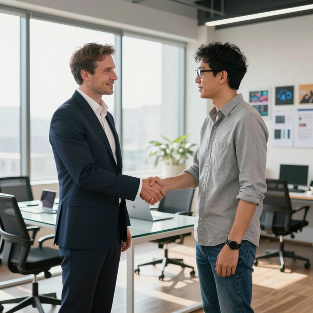 Two people in a modern office shake hands, one in a business suit and the other in a casual button-down shirt.