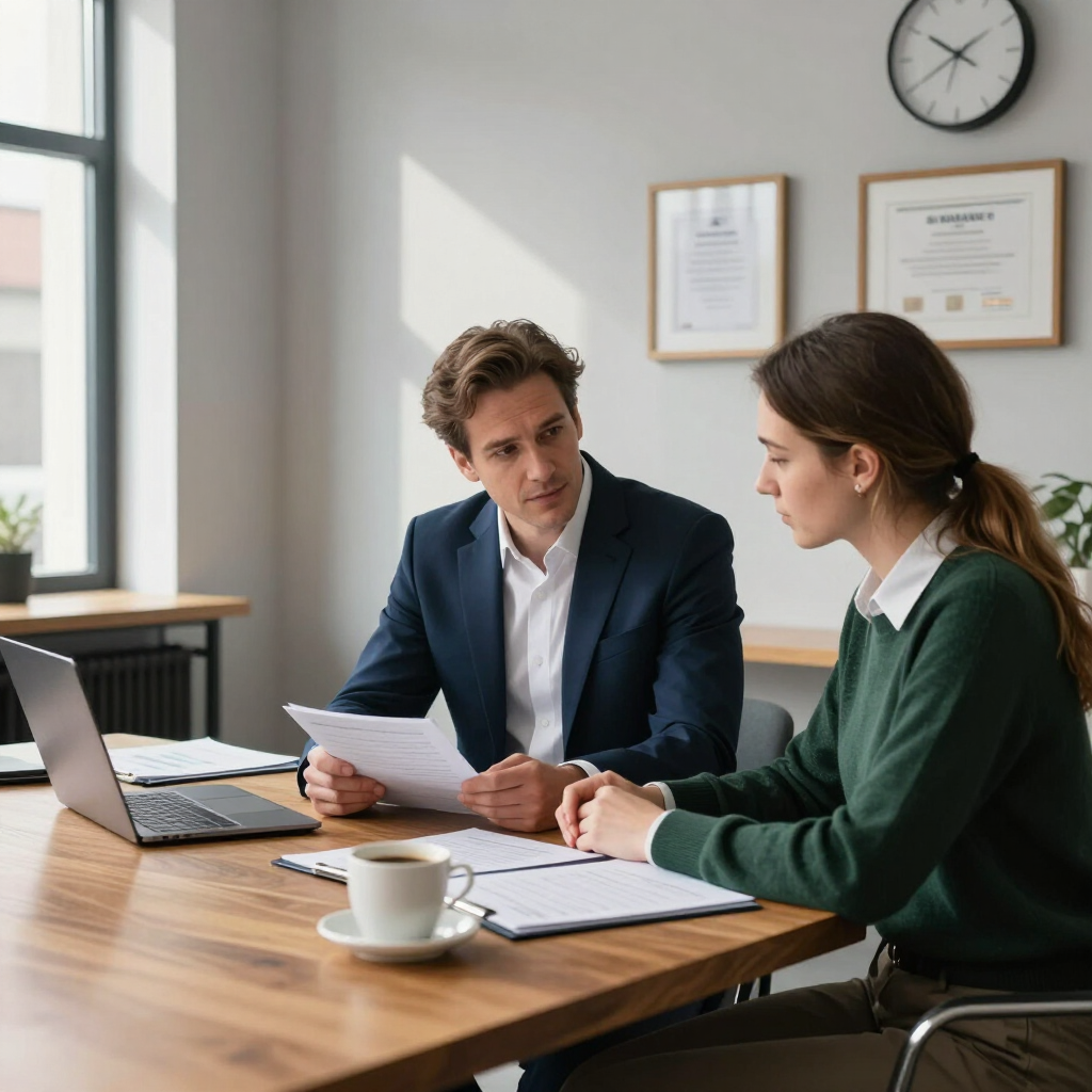 Two coworkers discussing documents at a table with a laptop and coffee in a bright office