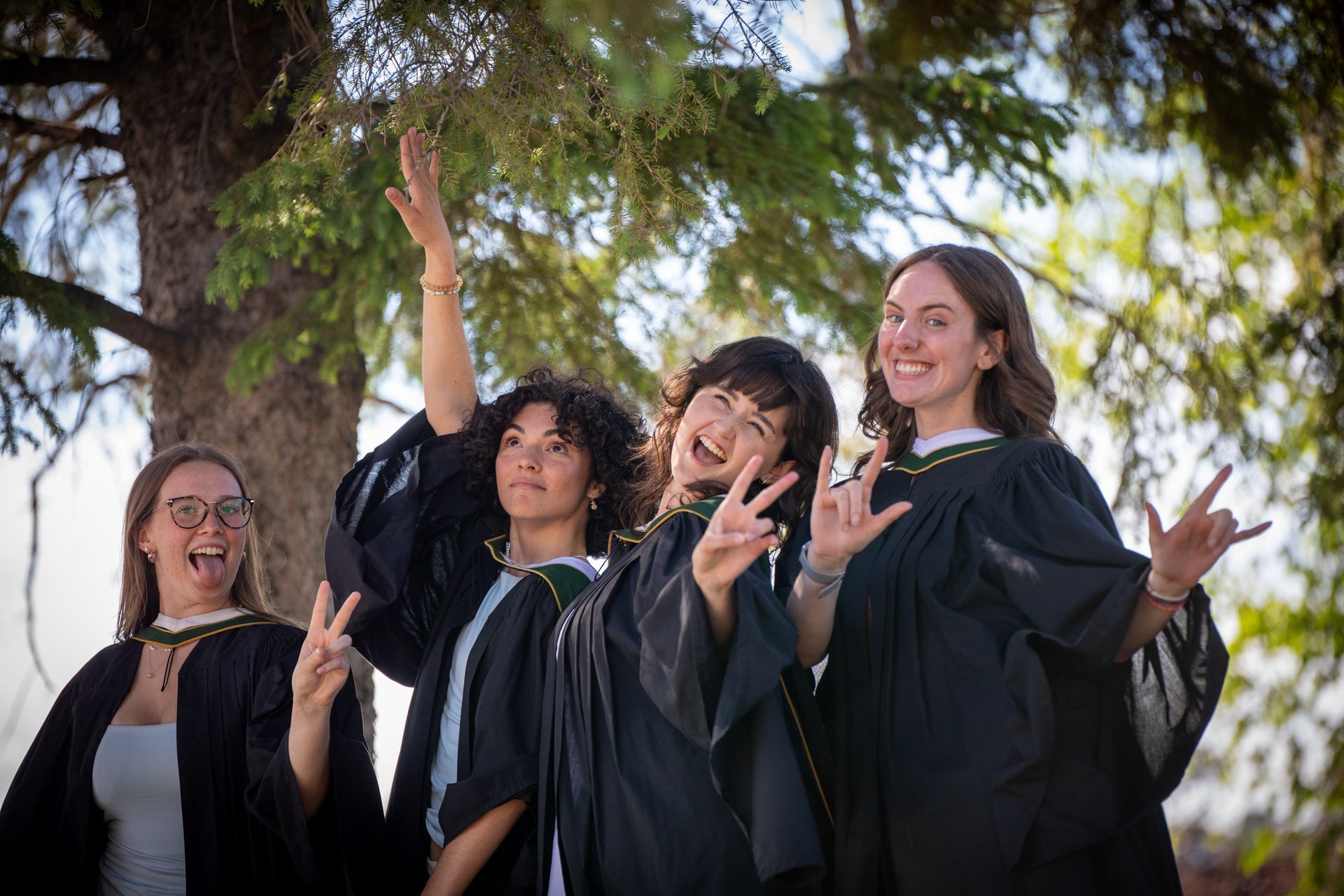 Four graduates in black gowns smiling and posing outdoors with hands raised