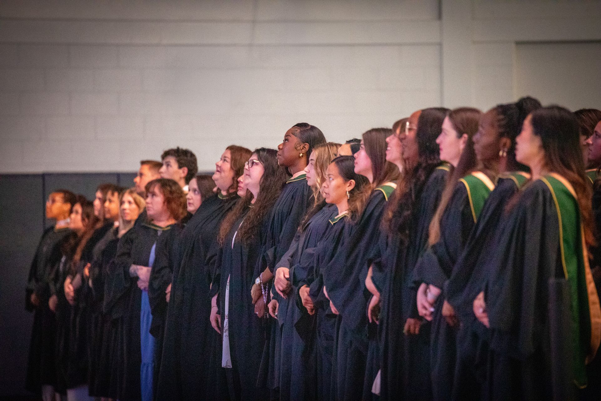 Graduates in caps and gowns standing in a row during a ceremony