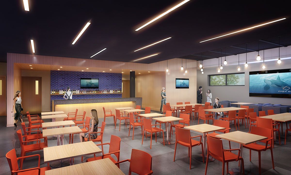 Empty modern cafeteria with orange chairs, wooden tables, blue accent wall, and bright linear ceiling lights