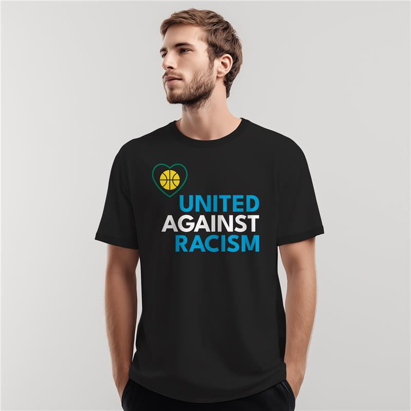 Black T-shirt with “United Against Racism” text and a yellow-green logo on a man against a gray background
