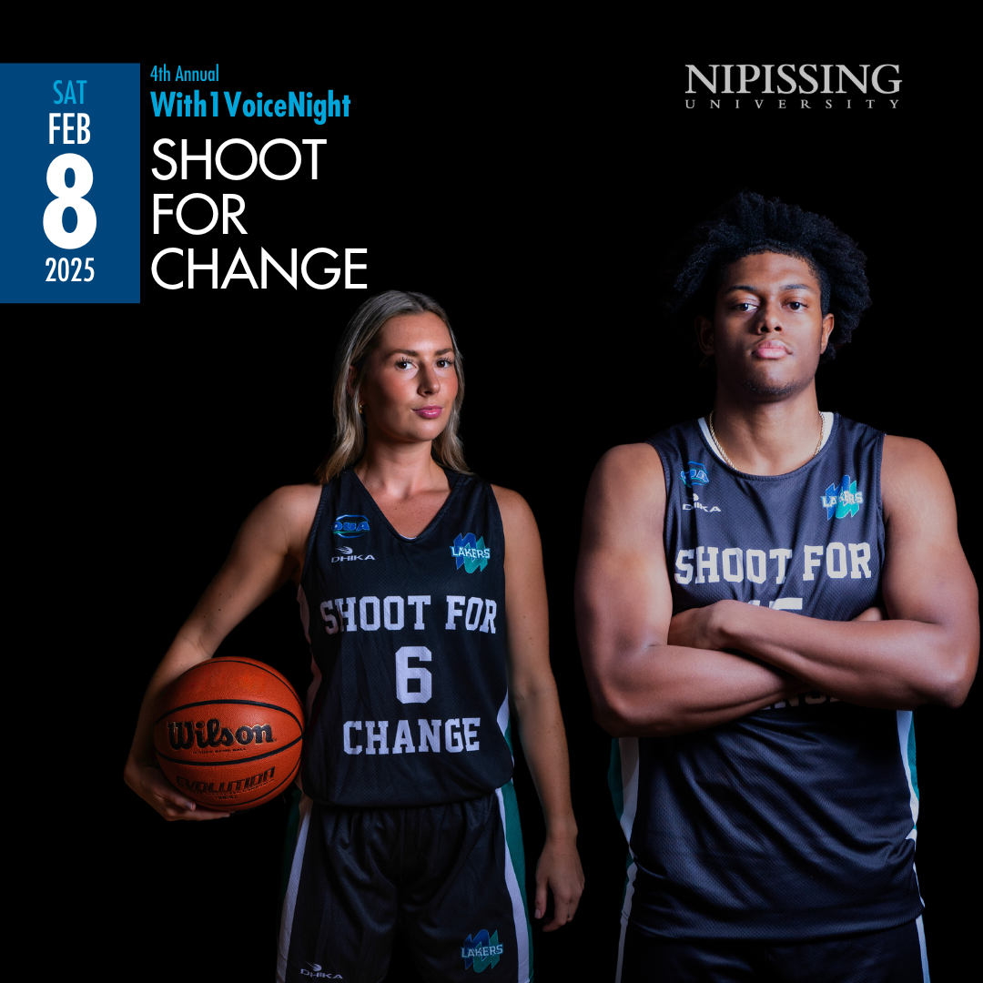 Nipissing University “Shoot for Change” basketball promo with two athletes in black uniforms on a dark background