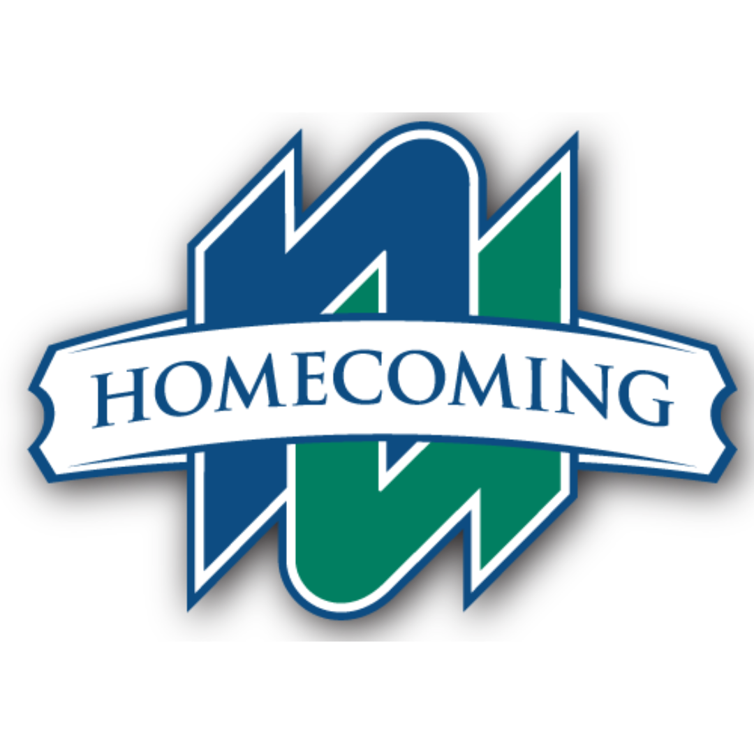 A blue and green logo that says NU Homecoming