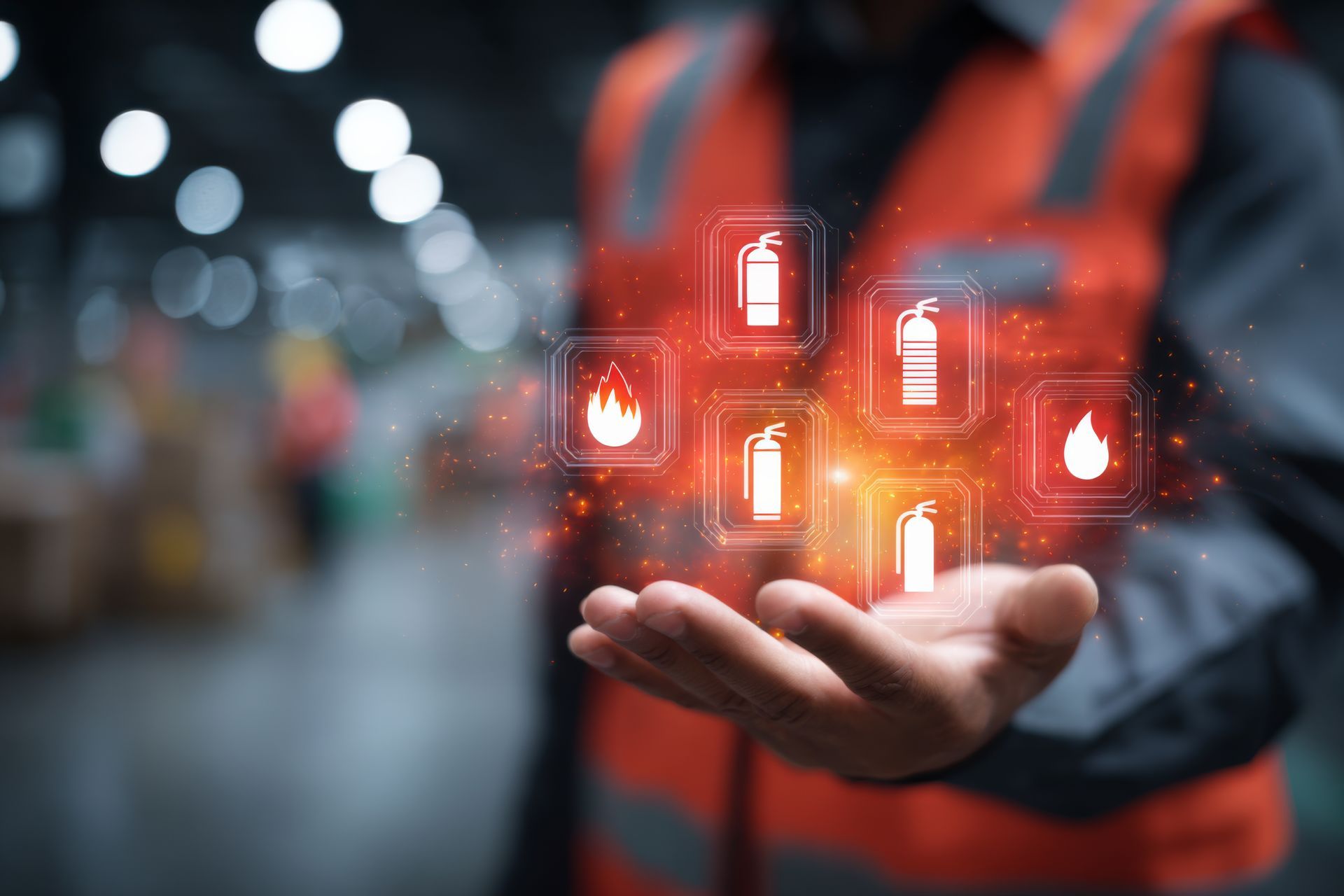 Worker holding holographic fire safety extinguisher icon. Worker holding holographic fire safety extinguisher icon.