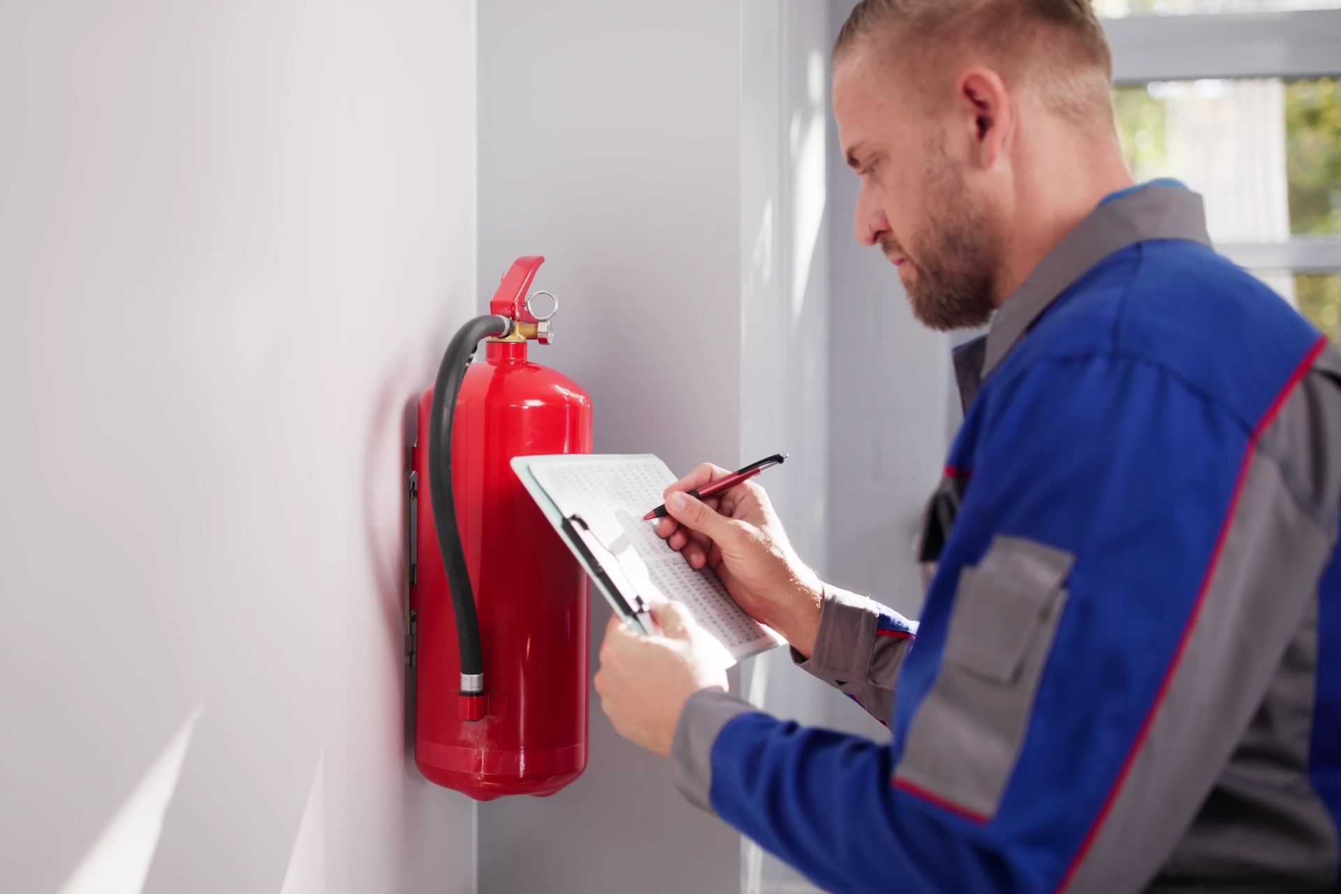 A man is inspecting a fire extinguisher. A man is inspecting a fire extinguisher.