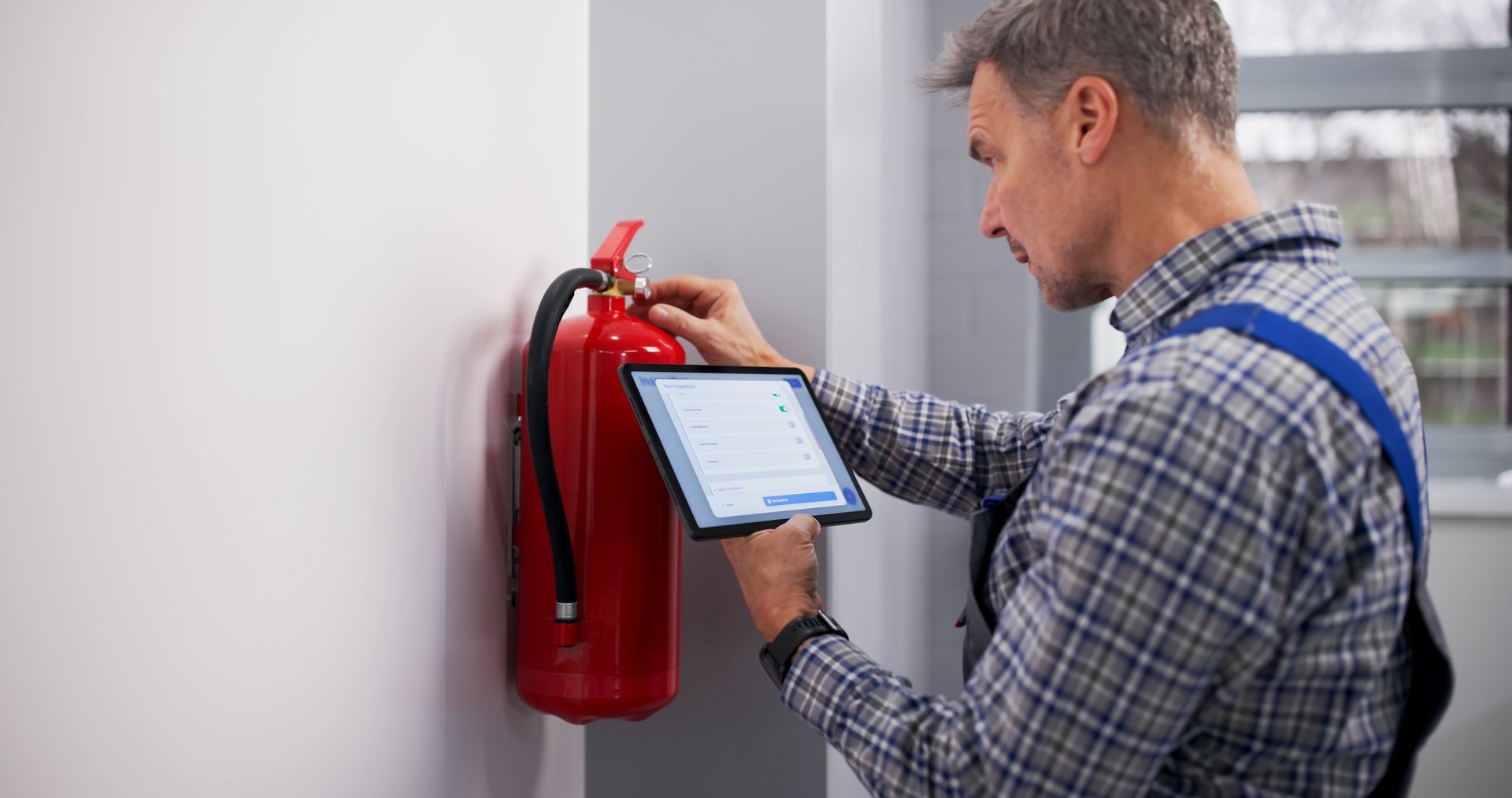 Man checking a red wall-mounted fire extinguisher with a tablet