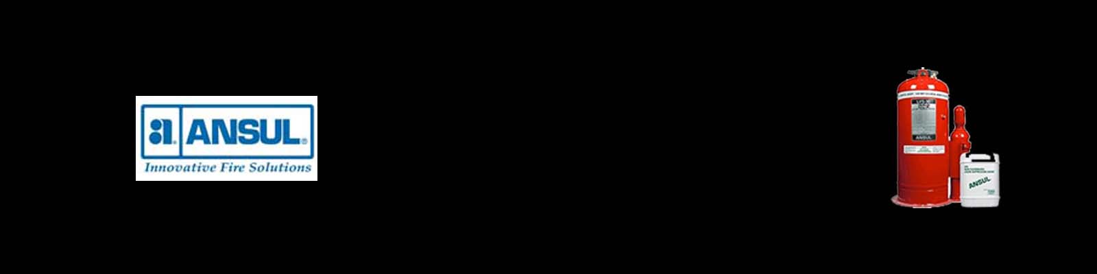 ANSUL logo next to a red industrial fire suppression tank and a container of suppression agent on a black background.