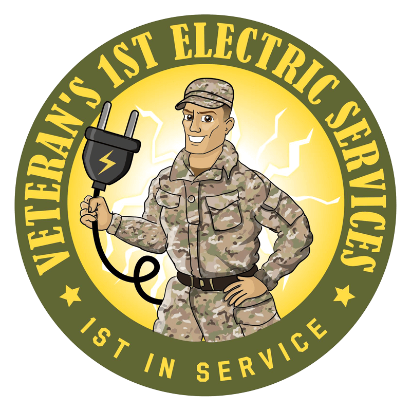 Veteran electrician in uniform holding a plug, logo for Veteran's 1st Electric Services.