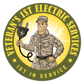 Veteran electrician in uniform holding a plug, logo for Veteran's 1st Electric Services.