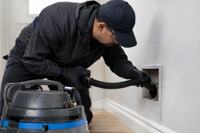 Person vacuuming dust from a wall outlet in a room with a gray wall and wood floor