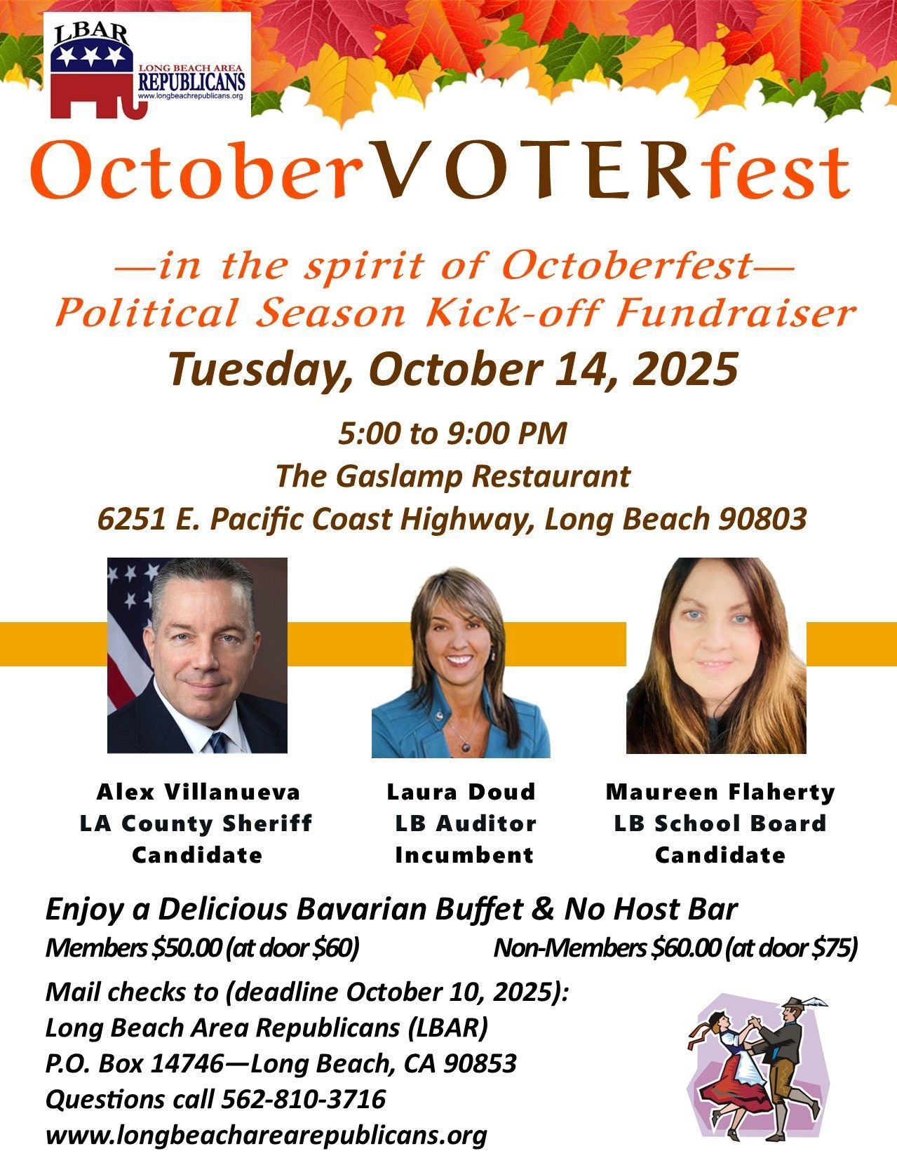 OctoberVOTERfest fundraiser flyer with candidate photos, October leaves, date, time, and location details