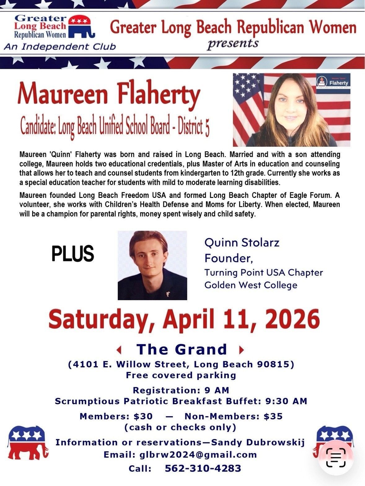 Flyer for Greater Long Beach Republican Women event featuring Maureen Flaherty, Saturday, April 11, 2026